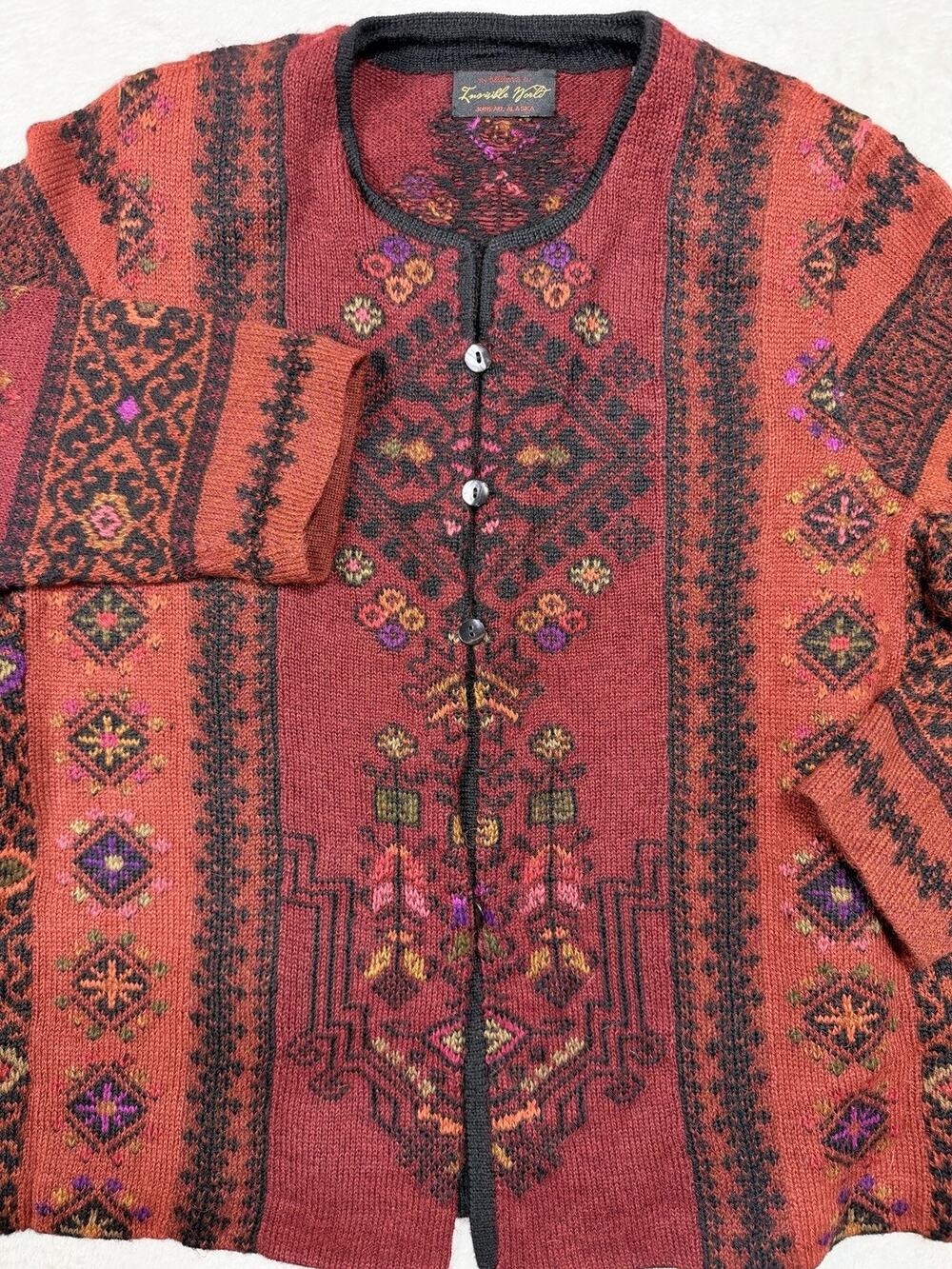 VTG Millma for Invisible World 100% Alpaca Cardigan Sweater Folk Art Boho SZ LG